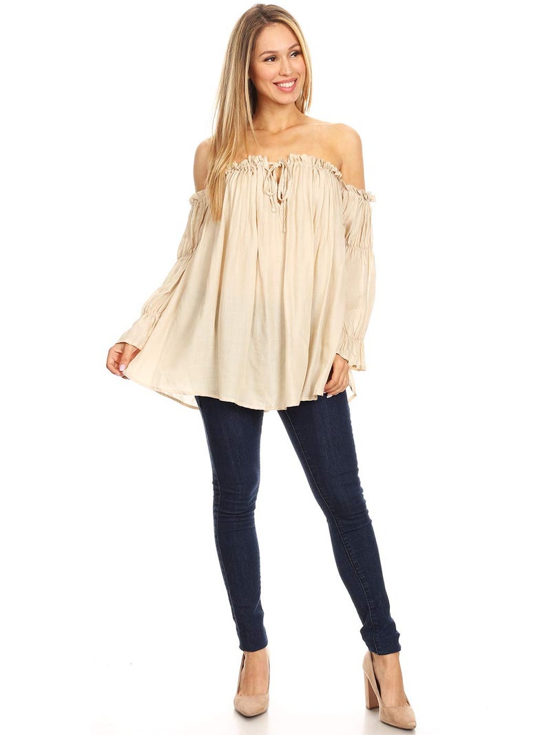 Anna-Kaci Womens Semi Sheer Boho Peasant Long Sleeve Off The Shoulder Top, Beige, X-Large - Image 5